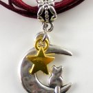 Maroon Ribbon Necklace ~ Sailor Moon Luna ~ Cat on a Crescent Moon Gold Star