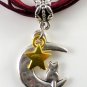 Maroon Ribbon Necklace ~ Sailor Moon Luna ~ Cat on a Crescent Moon Gold Star