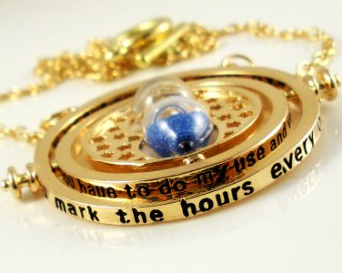 Harry Potter 18K Gold Plated Hermione's Time Turner Rotating Hourglass Necklace (Blue)