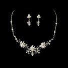 Dainty Silver Clear Rhinestone & White Pearl Flower Necklace & Earring Set