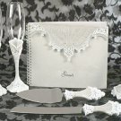 Lovely Victorian Lace Toasting Flutes, Cake Server, Guestbook & Pen Set