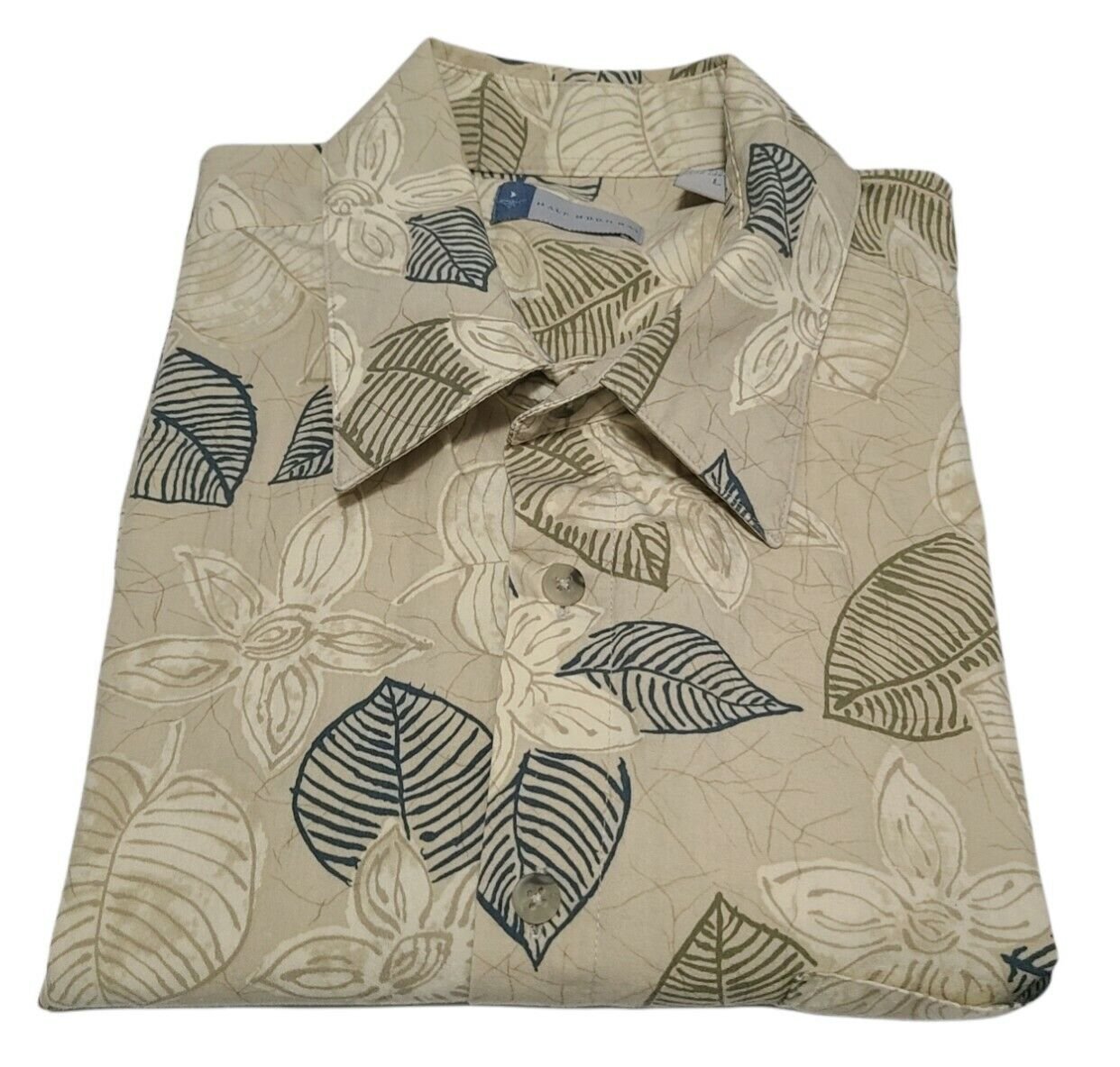 Half Moon Bay Mens Hawaiian Shirt 100% Cotton Beige Light Green/Blue Leaves Sz L