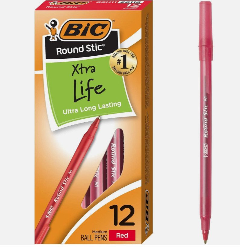 BIC&Acirc;&reg; Round Stic&Acirc;&reg; Xtra Life Ball Point Pen; Red; 12 Pack