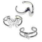 Sterling Silver Adjustable 3 Toe Rings, Butterfly, Dolphin, Wave | Made In USA