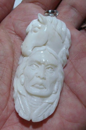 Bali Pendant Necklace Indian Face Eagle & Bear F/r Buffalo Bone Carving w/ Silver Bail 925_q705