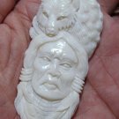 Bali Pendant Necklace Indian Face Wolf F/r Buffalo Bone Carving w/ Silver Bail_q703