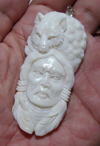 Bali Pendant Necklace Indian Face Wolf F/r Buffalo Bone Carving w/ Silver Bail_q703