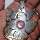 Bali Pendant Necklace Plants Flower PINK Mabe Pearl Mother Sea Shell Carving With Silver Bail 925