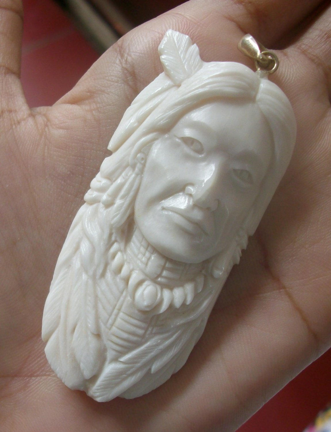Bali Pendant Necklace INDIAN FACE Old From Buffalo Bone Carving With Silver Bail 925 #r170