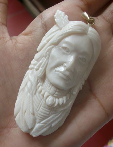 Bali Pendant Necklace INDIAN FACE Old From Buffalo Bone Carving With Silver Bail 925 #r170