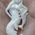 Bali Pendant Necklace Beauty Mermaid & Dolphin From Buffalo Bone Carving w/ Silver Bail 925_r152