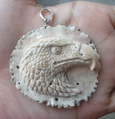 Bali Pendant Necklace EAGLE HEAD From Deer Antler Carving w/ Silver Bail 925_r125