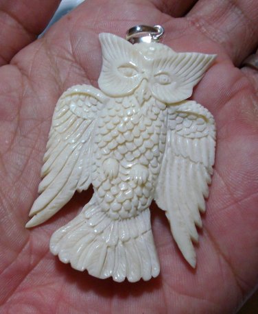 Bali Pendant Necklace DOUBLE SIDE OWL From Buffalo Bone Carving With Silver Bail 925 #q937