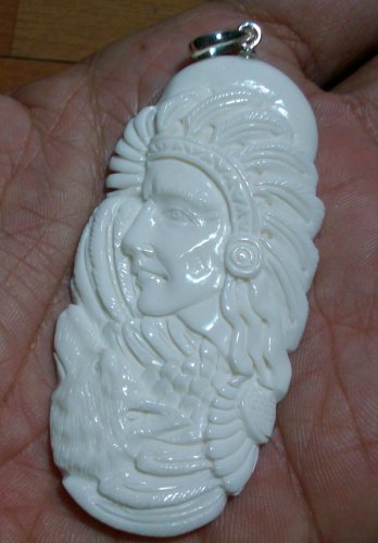Bali Pendant Necklace Indian Face Wolf From Buffalo Bone Carving With Silver Bail 925 #q337