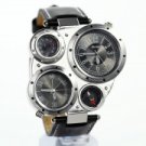 Men Oulm Military Army Dual Time Zones Big Dial Leather Sport Movements Quartz Wrist Watch Black