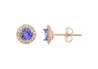 .73 CARAT TANZANITE DIAMOND STUD HALO EARRINGS 4mm BRILLIANT ROUND YELLOW GOLD