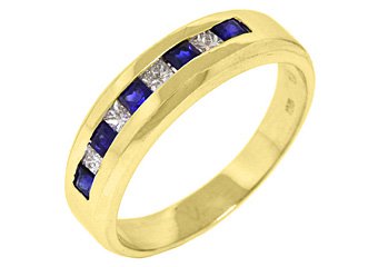 MENS 14KT YELLOW GOLD BLUE SAPPHIRE DIAMOND RING WEDDING BAND PRINCESS