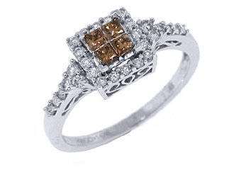 LADIES BROWN CHAMPAGNE DIAMOND ENGAGEMENT PROMISE RING PRINCESS SQUARE