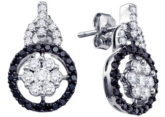 WOMENS 1.09 CARAT BLACK DIAMOND DANGLE EARRINGS ROUND CUT PAVE WHITE GOLD