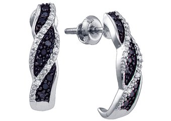 WOMENS .19 CARAT BLACK DIAMOND HOOP EARRINGS ROUND CUT PAVE 10KT WHITE GOLD