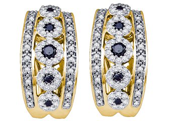 WOMENS .80 CARAT BLACK DIAMOND HOOP EARRINGS ROUND CUT PAVE 10KT YELLOW GOLD