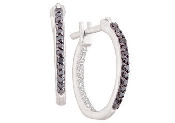 WOMENS .25 CARAT BLACK DIAMOND HOOP EARRINGS ROUND CUT PAVE 14KT WHITE GOLD