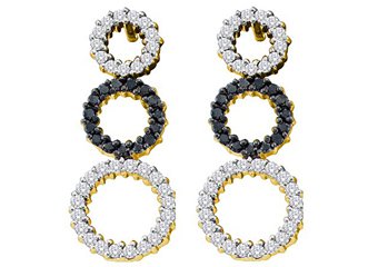 WOMENS .78 CARAT BLACK DIAMOND DANGLE CIRCLE EARRINGS ROUND CUT PAVE YELLOW GOLD