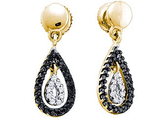 WOMENS .34 CARAT BLACK DIAMOND DANGLE EARRINGS TEAR ROUND CUT PAVE YELLOW GOLD