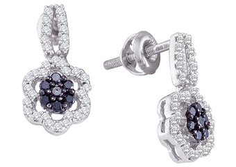 WOMENS .35 CARAT BLACK DIAMOND DANGLE EARRINGS ROUND CUT PAVE WHITE GOLD