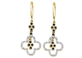WOMENS .16 CARAT BLACK DIAMOND DANGLE EARRINGS ROUND CUT PAVE YELLOW GOLD