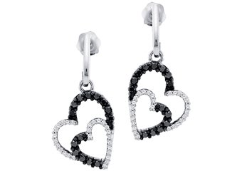 WOMENS .50 CARAT BLACK DIAMOND DANGLE EARRINGS HEART SHAPE PAVE WHITE GOLD