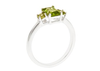 WOMENS 1.48 CARAT PERIDOT EMERALD CUT ROUND 3-STONE RING 925 STERLING SILVER