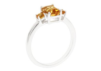 WOMENS 1.20 CARAT CITRINE EMERALD CUT ROUND 3-STONE RING 925 STERLING SILVER