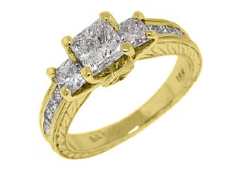 2.2 CARAT WOMENS 3-STONE PAST PRESENT FUTURE DIAMOND RING SQUARE CUT YELLOW GOLD