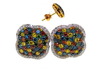1.78 CARAT YELLOW BLUE RED GREEN WHITE BRILLIANT ROUND CUT DIAMOND STUD EARRINGS