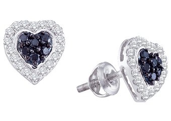 .33 CARAT BRILLIANT ROUND HEART SHAPE BLACK DIAMOND HALO STUD EARRING WHITE GOLD