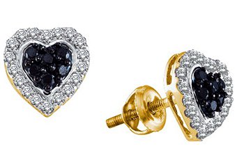 .33 CARAT ROUND HEART SHAPE BLACK DIAMOND HALO STUD EARRING YELLOW GOLD