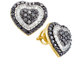 1.5 CARAT ROUND HEART SHAPE BLACK DIAMOND HALO STUD EARRINGS YELLOW GOLD