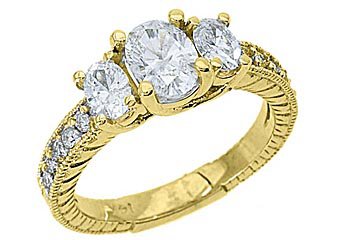 1.5 CARAT WOMENS 3-STONE PAST PRESENT FUTURE DIAMOND RING OVAL SHAPE YELLOW GOLD