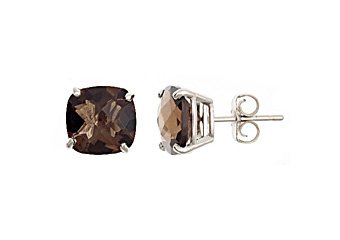 3.7 CARAT CUSHION CUT CHECK TOP SMOKEY QUARTZ STUD EARRINGS 8mm 925 SILVER