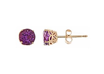 .80CT AMETHYST STUD EARRINGS 5mm ROUND 14KT YELLOW GOLD FEBURARY BIRTH STONE