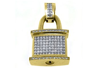 5.65 Carat Princess Square Cut & Round Diamond Lock Pendant 14KT Yellow Gold