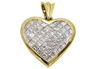 3 Carat Womens Diamond Heart Pendant Invisible Princess Square Cut Yellow Gold