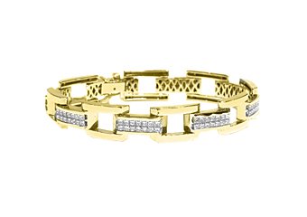 Mens Diamond Link Bracelet 8 Carat Invisible Princess Square Cut 18K Yellow Gold