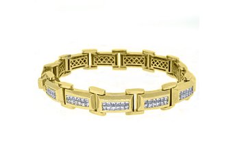 Mens Diamond Link Bracelet 7 Carat Invisible Princess Square Cut 18K Yellow Gold