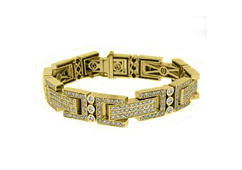 Mens Diamond Link Bracelet 11.22 Carat Brilliant Round Cut Bezel 14K Yellow Gold