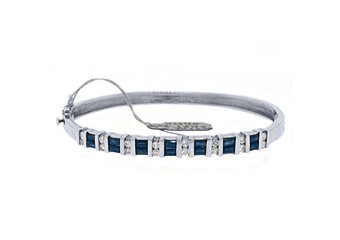 WOMENS BLUE SAPPHIRE DIAMOND BANGLE TENNIS BRACELET 3.8 CARAT BAGUETTE ROUND CUT
