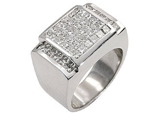 MENS 3 CARAT DIAMOND RING PRINCESS SQUARE CUT INVISIBLE 18KT WHITE GOLD