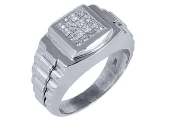 MENS 3/4 CARAT PRINCESS CUT SQUARE SHAPE INVISIBLE DIAMOND RING 18KT WHITE GOLD