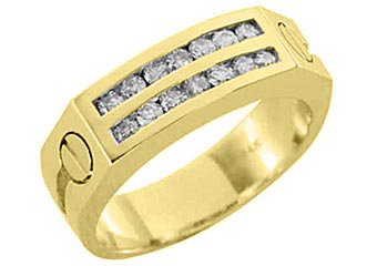 MENS 3/4 CARAT BRILLIANT ROUND CUT DIAMOND RING WEDDING BAND 2 ROW YELLOW GOLD